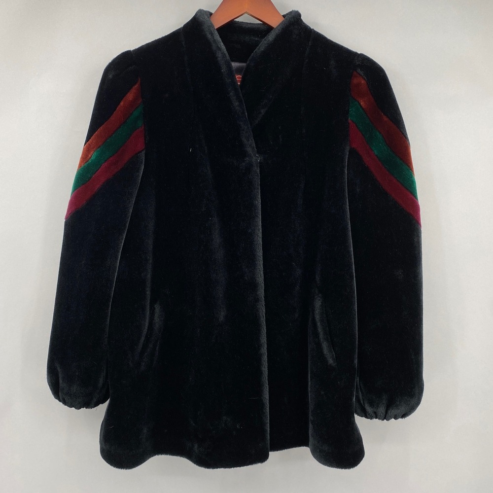 Vtg Sasson Borgazia Faux Fur Coat Womens Medium Black Velvet Chevron Stripe Glam